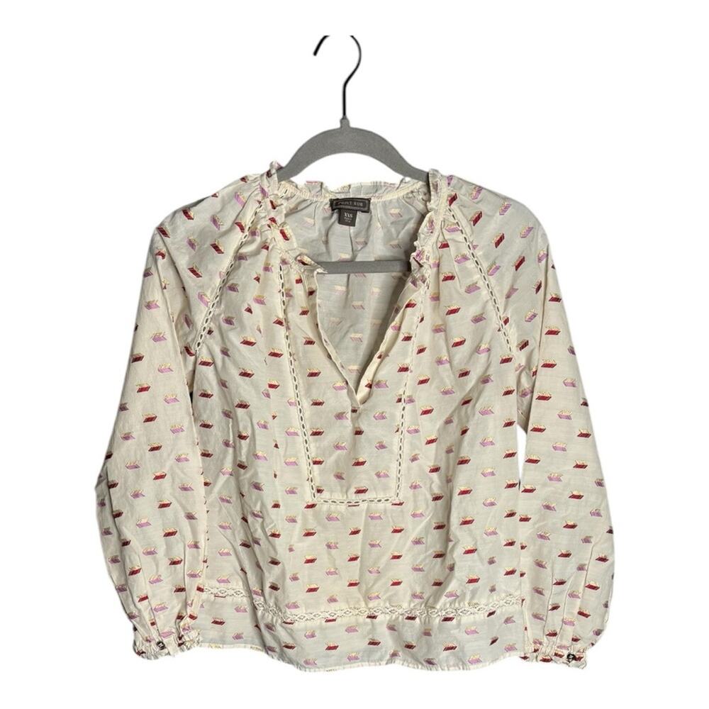 Point Sur White Pink Blouse Gold Metallic Detail V Neck XXS